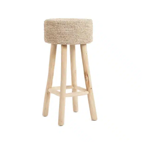 Tabouret de bar en teck blanchi et raphia